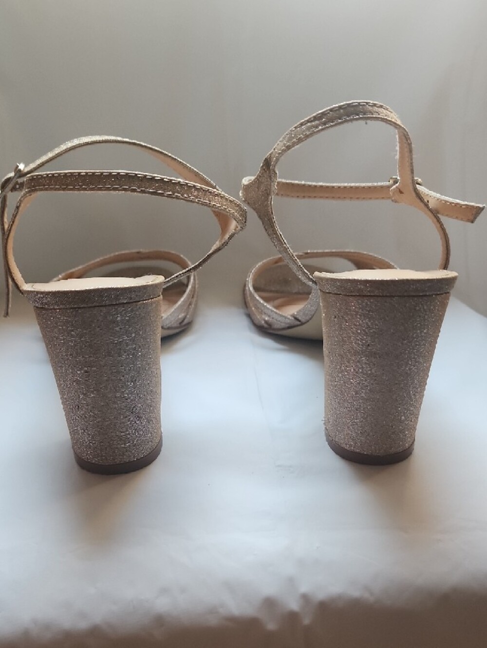 Badgley Mischka Champagne Metallic Strappy Block Heel Sandals - Picture 4 of 5